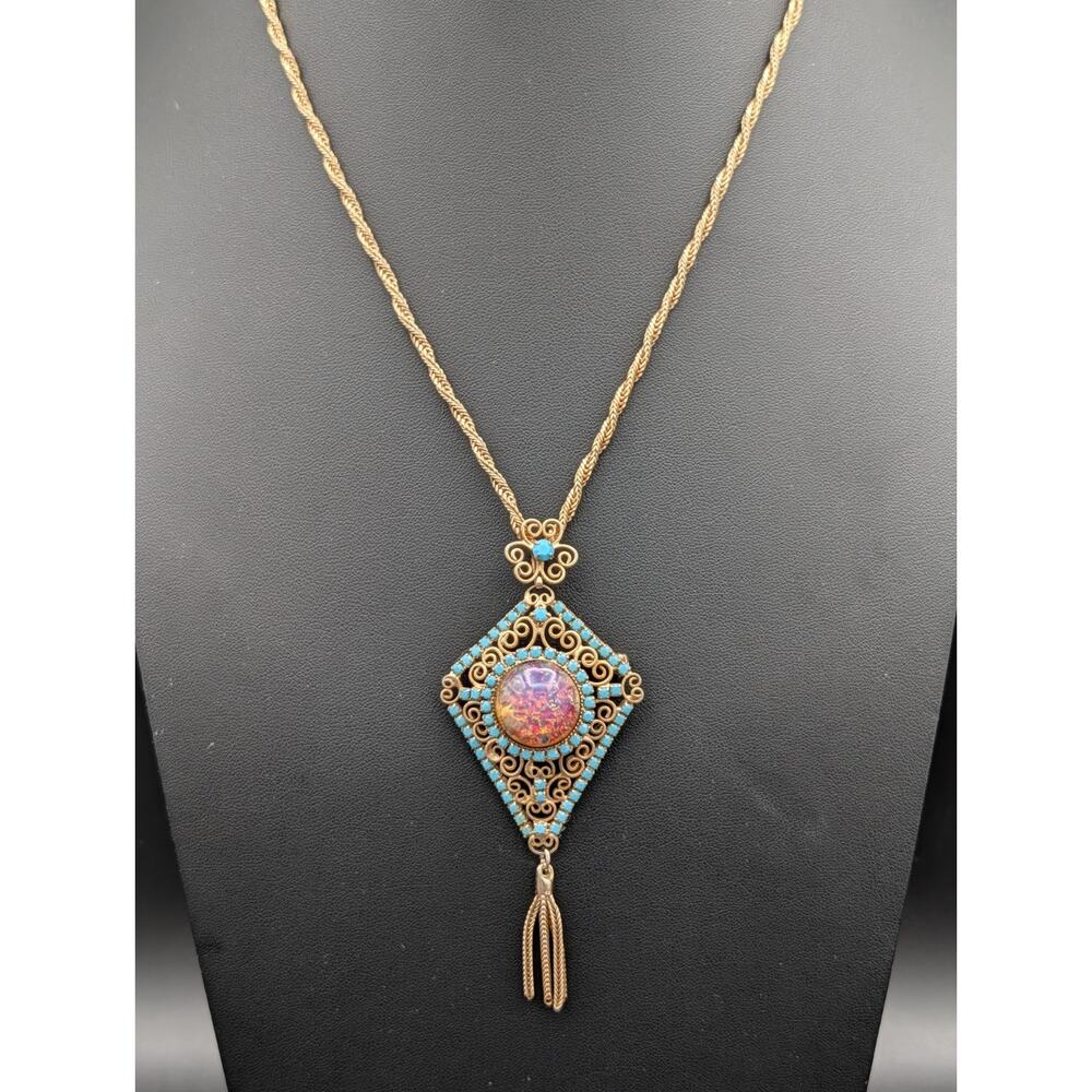 Vintage Dragon’s Breath Glass Gold Tone Victorian Revival Tassel Brooch Necklace